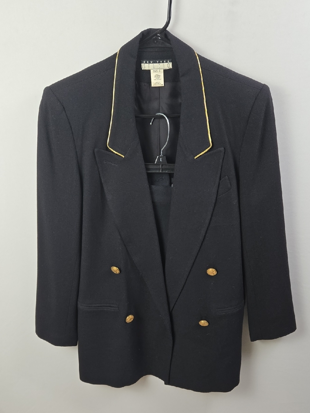 Vintage New York Studio Black Double-Breasted Women's Blazer with Gold Trim Sz S